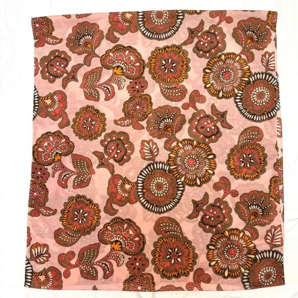 Vintage Echo Paisley Floral 100% Cotton Scarf Wrap Oblong PInk Brown Retro